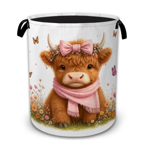 Cute Highland Cow Bow Collapsible Laundry Hamper for Bedroom, Freestanding Oxford Clothes Basket, Large Foldable Storage Bin with Easy-Carry Handles for Bathroom Dorm Laundry Room