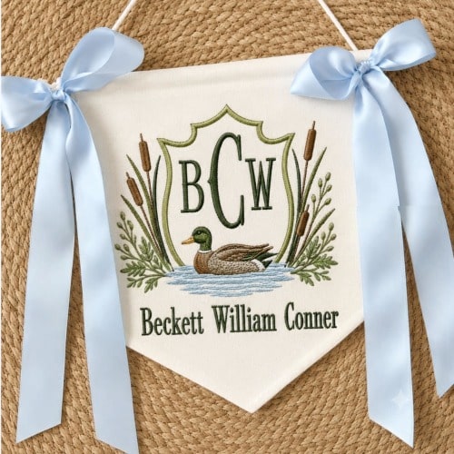Custom Mallard Duck Nursery Banner, Embroidered Boy Name Pennant, Monogram Baby Room Decor, Hunting Theme Baby Gift