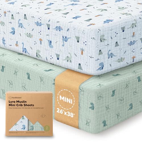 2-Pack Muslin Mini Crib Sheets for Boys, Girls - 38x26 Pack and Play Sheets Fitted,Organic Cotton,Compatible with Graco Pack N Play Mattress,Neutral Toddler Playard Bedding,Soft Breathable (Dino Park)