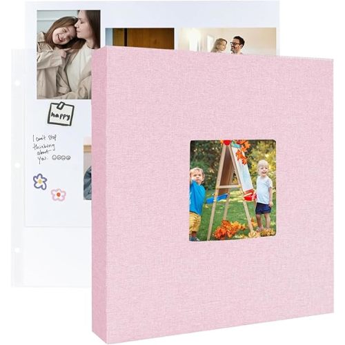 8.5x11 Scrapbook Inch Large 3 Ring DIY Linen Cover Scrap Books with 30 Plastic Sleeves 60 Pages Blank White Inner Pages, 8.5 x 11 Scrapbook Photo Albums for Baby Travel Wedding kids (Pink)