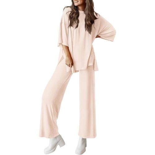 PRETTYGARDEN Two Piece Sets for Women Lounge Matching Set | Summer Fashion Airport Travel Outfit, Short Sleeve Oversized Tshirts, Wide Leg Pants Pockets, Spring Cruise Vacation Clothes