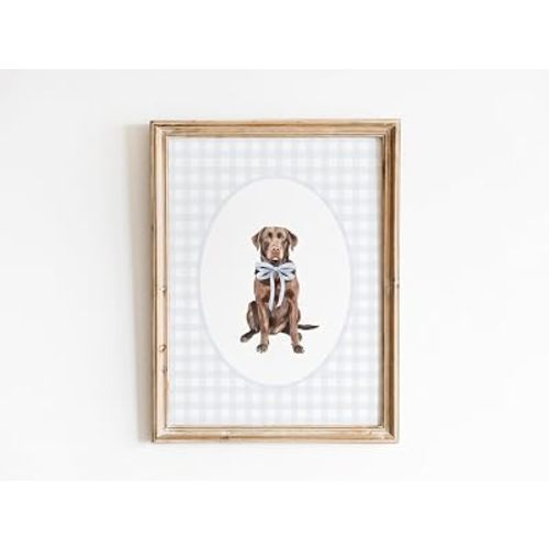 Chocolate Labrador Retriever Nursery Decor, Watercolor Lab Dog Nursery Print, Baby Boy Blue Gingham Wall Print Classic Blue Bow Unframed 153