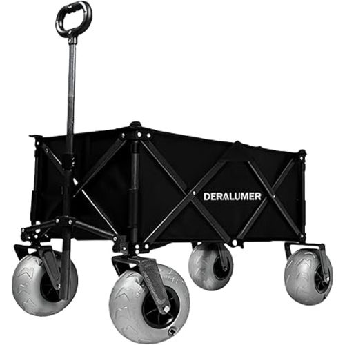 Heavy Duty Beach Wagon with Big Balloon Tires – Collapsible Folding Cart for Sand, Grass & Outdoor Activities, 220 lbs Capacity, Easy Storage & Transport (Black)