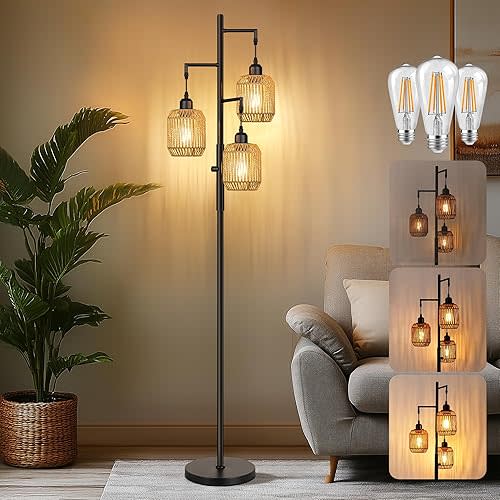 ROTTOGOON Dimmable Boho Floor Lamp - 3 Light Farmhouse Rattan Floor Lamp for Living Room, Industrial Tree Floor Lamps with 3 X 6W LED Bulbs, Rustic Standing Tall Lamp for Bedroom, Office, 68", Black