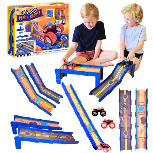Redi-Rampz: STEM Ramp Builder Set – 10 Modular Track Pieces with Adjustable Angles + 2 Monster Trucks | Build Custom Ramps, Bridges & Jumps (Ages 4-8, No Batteries, Fits 1:64 Vehicles)