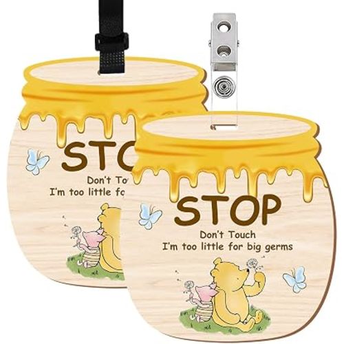 The Pooh No Touching Baby Signs, Winnie Dont Touch Baby Sign for Car Seat Sign, Bear Dont Touch Baby Sign for Newborn, Wooden Car Seat Hanging, Stroller Tags with Hanging Strap and Clip for 2 Pcs