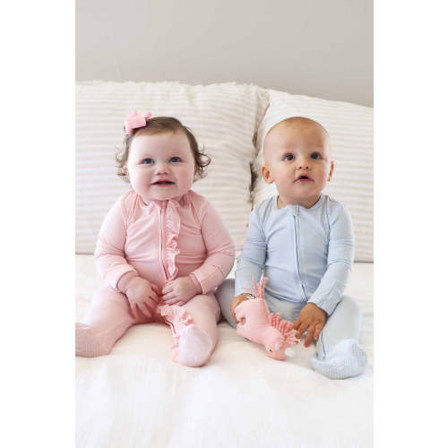 Baby Pink Bamboo Ruffle Zipper Footie