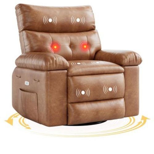 Electric Recliner Chair - 360掳 Rocker Swivel Recliner with Heat and Massage, PU Leather Large Power Recliner Comfortable Chair with 1.5X Sponge