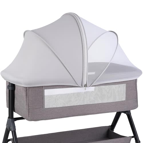 Portable Bassinet Cover for Cats & 2-Way Zipper, Half-Blackout Mosquito Net with Sunshade, Breathable Bassinet Net Cover, Mosquito Net for Baby Crib to Keep Cats Out （Grey）