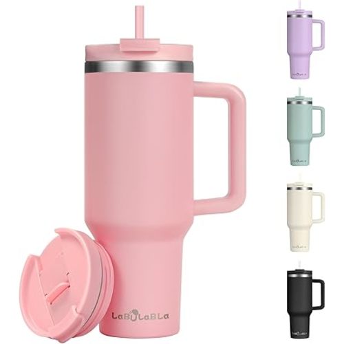 Labulabla 40oz Tumbler with Handle,Double Wall Vacuum Reusable Stainless Steel Insulated Water Bottle,With Leak Proof lid and Straw for Iced or Cold Beverages (light pink)