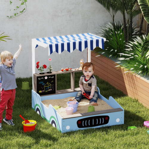 Qaba Kids Wooden Sandbox with Canopy, Grocery Store Outdoor Sand Box with Bench Seats, Bottom Liner, Drawing Board, Planting Boxes for Backyard, Blue