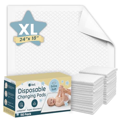 Reli. Premium XL Disposable Baby Changing Pad Liners | XL 24" x 18" | 110 Pack | Super Absorbent, Soft, Waterproof, Quick Dry | Carry on The Go for Quick Diaper Changes (White)