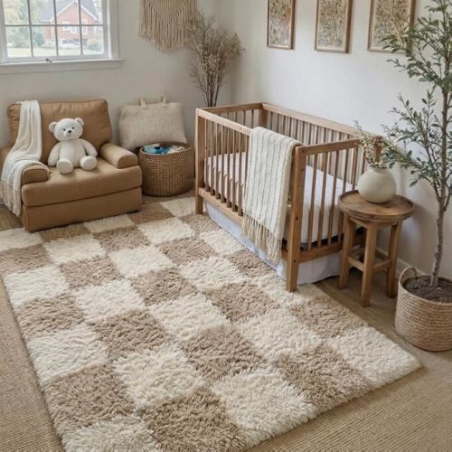 PureCozy Checkered Rug 4x6 for Living Room, Modern Neutral Shag Rug Shag Rug Super Soft Washable Fluffy Rugs Indoor Fuzzy Carpet for Bedroom Home Dorm Aesthetic Decor