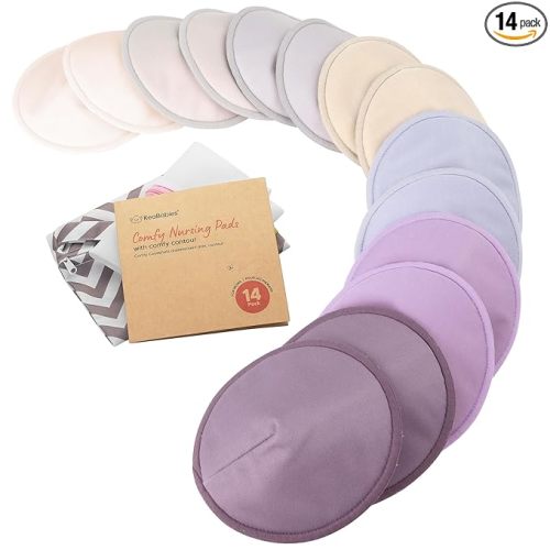 Organic Nursing Pads - 14 Washable Breast Pads for Breastfeeding, Wash Bag, Viscose Derived from Bamboo Reusable Nipple Covers for Breastfeeding Essentials, Soft & Absorbent (Violet, L 5")