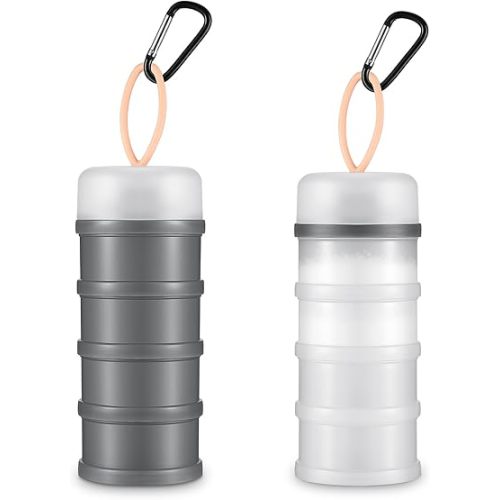 Baderke 2 Pcs Protein Powder Container with Funnels Stand, 4 Stackable Leakproof Protein Powder Dispenser, Portable Keychain Powder Container for Workout, Fitness, Travel(Gray, White)