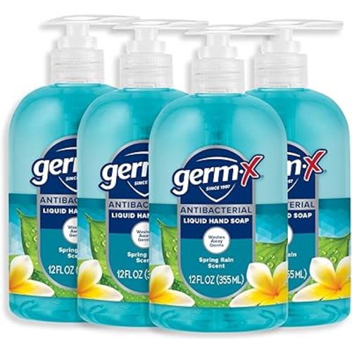 Germ-X Antibacterial Hand Soap, Moisturizing Liquid Hand Wash for Kitchen or Bathroom, pH Balanced & Dermatologist Tested, Back to School Supplies, Spring Rain, 12 oz Pump Bottle (Pack of 4)