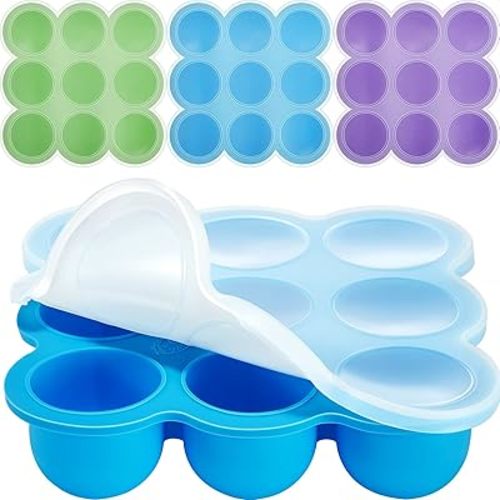 CHENGU 4 Pack Baby Food Storage Containers 9 Cup Silicone Baby Food Freezer Tray with Lid Stackable Reusable Freezer Storage Tray for Ice Breast Milk Homemade Food Vegetable (Blue, Purple, Green)