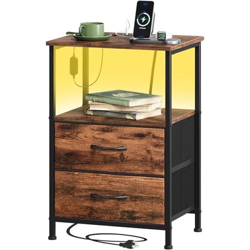 Somdot 2 Drawers Nightstand with Charging Station and LED Light for Bedroom, Small Dresser with Fabric Bins for Bedside Kids Dorm Room Closet Laundry Entryway, Wood Grain Print
