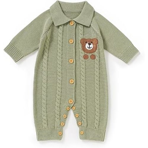 Avibae Knit Baby Sweater Romper, Cotton Thermal Clothes for Newborn Infant, Boys and Girls Onesie, Bear Pattern