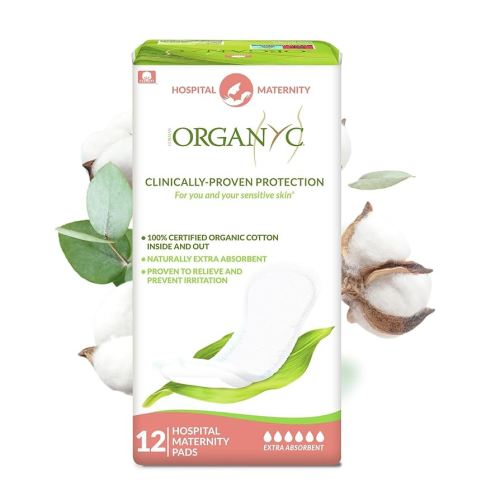 Organyc Hospital Postpartum Pads, 100% Certified Organic Cotton Inside and Out for Women, for First Days After Delivery, 12 Counts