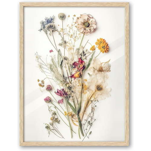 AVOI Natural OAK Wood Framed Dried Flower Pressed Bouquet Wall Art, Large 16x20 in Warm Colors Wildflower Artwork Canvas Botanical Wall Art,Modern Boho Floral Home Decor Bedroom Living Room 1Pack