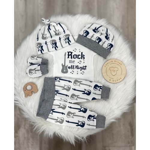 Rock Band Baby Boy Outfit: Guitar Bodysuit, Pants & Hat Set