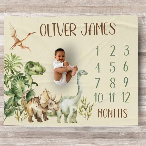 Custom Dinosaur Milestone Blanket Personalized Baby blanket Growth tracker baby boy shower gift New Mom Gift Mother's day Baby Tracker gift