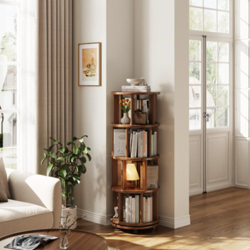 Ebern Designs 360° Rotating Solid Wood Bookshelf, Equipped with Brake Wheels, Allowing for Flexible Adjustment & Reviews | Wayfair