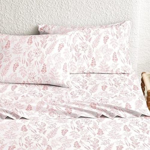 Wake In Cloud - Botanical Bed Sheets, 4-Piece Sheet Set, Floral Shabby Chic Leaves Pattern Printed Coquette Vintage Aesthetic Bedding, Deep Pocket, Light Pink, Twin Size