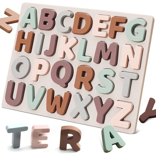 Macabaka Silicone Alphabet Puzzle, ABC Puzzle Shape Alphabet Toys with Puzzle Board & Soft Letter Blocks for Toddlers, Montessori Preschool Early Education Learning Toy for Boys and Girls - 26pcs