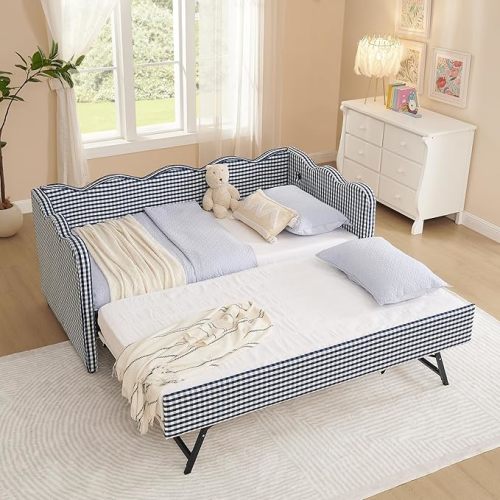 KEIKI Twin Size Upholstery Daybed with Trundle and USB, Twin to King Design Adorable Wave Shaped Extendable Linen Sofa Bed, Easy Assembly, No Box Spring Required, for Living Room and Bedroom, Navy