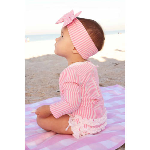 Long Sleeve Rash Guard with Ruffle Bottom | Seersucker Dusty Pink