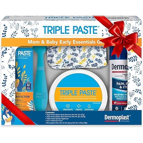 Triple Paste Mom & Baby Gift Set, New Baby Essentials Kit, 5-Piece—Diaper Rash Ointment 8oz Jar & 2oz Tube, Spatula Applicator, Dermoplast Spray, Multi-Use Cover, Mom Postpartum Essentials