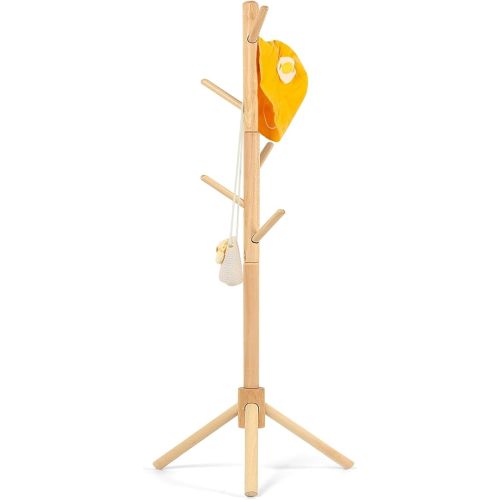 Beech Wood Kids Coat Rack - Adjustable Height Stand with 9 Hooks, Freestanding Children's Clothing Organizer for Hallway, Bedroom, Easy Assembly (Natural)