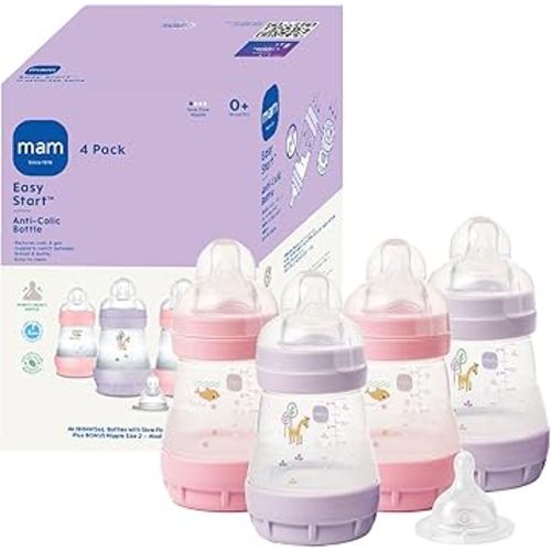 MAM 5oz Easy Start Anti-Colic Baby Bottles, Slow Flow with Bonus Medium Flow Nipple, Reduces Colic, Gas, & Reflux, Easy-to-Clean, BPA-Free, Baby Bottles for Newborns, 0-3 Months