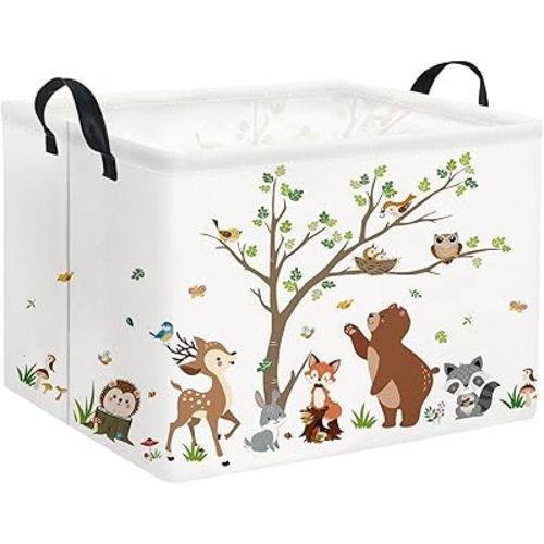 Rectangular Kids Storage Basket Baby Storage Basket with Handles for Home Kitchen Boys and Girls Cute Toy Storage Bin Organizer Shelf Book Room Decor(Tree Animal)