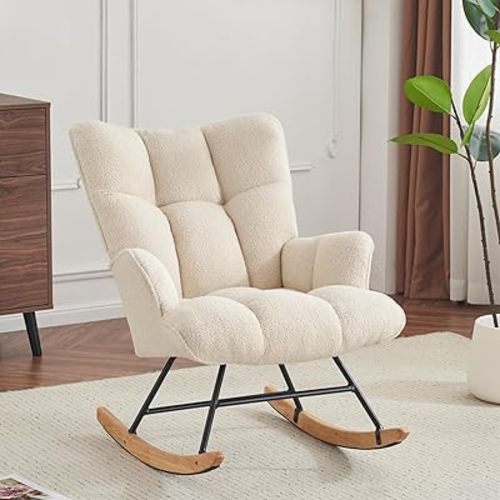 Rocking Chair Nursery Teddy, Upholstered Baby Fluffy Glider Rocker for Adults Indoor, Comfy Sherpa Compact Nursing Chairs for Small Spaces, Living Room, Classroom, Bedroom, Ivory