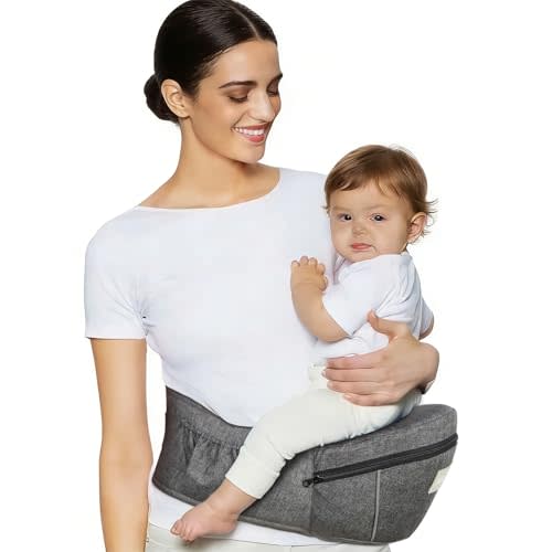 Safotad Baby Carrier with Hip Seat, Ergonomic Front Carrier for Newborns & Toddlers, Adjustable Waistband with Strong Support, Large Pocket Design, Grey