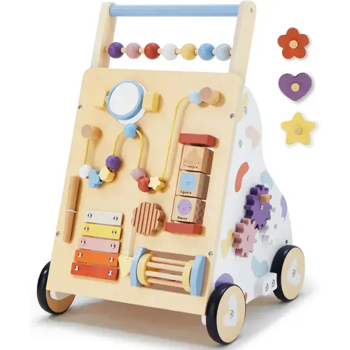 Frogprin Wooden Baby Walker, Baby Push Walker, Montessori Walker Toy for Babies 12M+ Learning to Walk & Sit-to-Stand, Adjustable Speed Walkers for Boys, Baby Activity Center with Sensory Toy for Girls