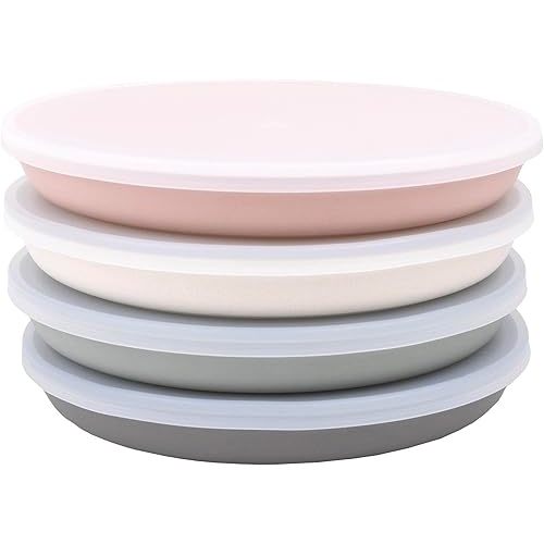 WeeSprout Bamboo Plates with Silicone Lids, Set of 4, Kid-Sized Dinnerware, Cereal, Leftovers & Snacks, Dishwasher Safe Melamine Dishware (Pink, Green, Gray, and Beige)