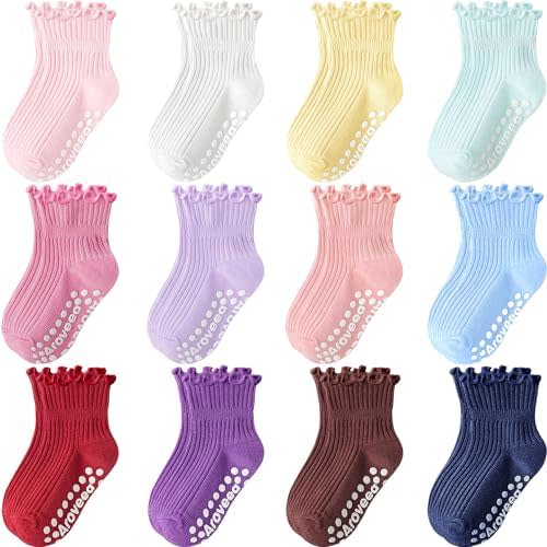 Aroveea Toddler Girls Socks 12 Pack Grip Non Slip Ruffle Frilly Cotton Socks for Toddlers Baby Girls Kids Cute 6M-7Years