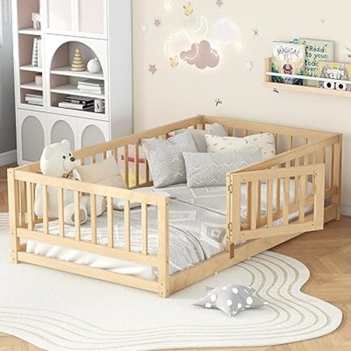 Bellemave Twin Size Montessori Bed with High Rails, High Rails Montessori Floor Bed with Slats and Door, Easy Assemble Twin Size Floor Beds for Girls, Boys, Natural