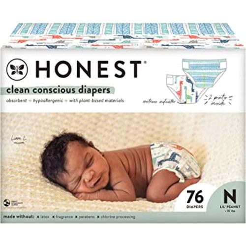 The Honest Company Clean Conscious Diapers | Plant-Based, Sustainable | Dots & Dashes + Multi-Colored Giraffes | Club Box, Size Newborn, 76 Count