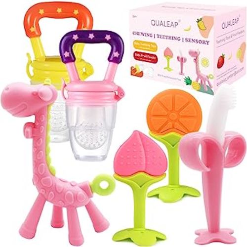 Medical-Grade Teething Toys for Babies 0-6 6-12 12-18 Months - with 4 × Adorable Baby Teethers & 2 × Baby Fruit Feeders - Soft Textures for Infant and Toddlers (Pink)