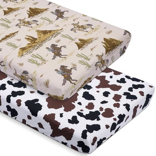 2 Pcs Crib Sheet Set 52 x 28 x 8 Inches Baby Sheet Newborn Bedding Nursery Crib Sheets for Girl Boys Baby Gifts for Toddler Mattresses (Cowboy)
