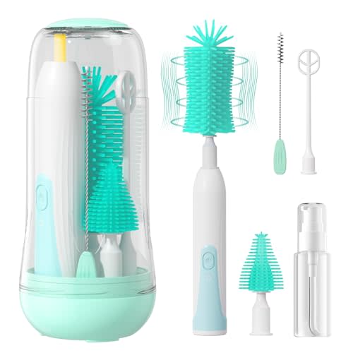 Electric Bottle Brush Cleaner, Rechargable Electric Baby Bottle Brush Cleaner with Nipple & Straw Brush, Travel Baby Bottle Brush with Drying Rack, Perfect Essentials for Mom After Birth, Green