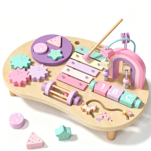 Lehoo Castle Wooden Montessori Activity Table for 1-3 Year Old Girls | 7-in-1 Toddler Sensory Toy with Busy Board, Bead Maze, Shape Sorter, Xylophone, Removable legs, 1st Birthday Gift