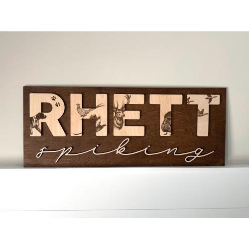Hunting Nursery Wood Baby Name Sign, Duck Hunt Theme Decor, Engraved Letters, GSP, Pheasant, Deer