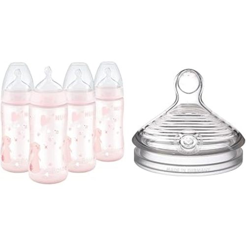 NUK Smooth Flow Anti Colic Baby Bottle, 10 oz, 4 Pack, Pink Bunnies,4 Count (Pack of 1) & Simply Natural Slow Flow Baby Bottle Nipples, 2 Pack