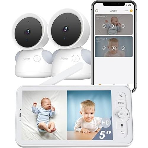 ARENTI Baby Monitor with 2 Cameras, 2K/3MP WiFi 6 Camera and Audio, 5-inch Wireless Screen, Smartphone App, Super Night Vision, Crying Detection, Auto Tracking, Temp&Humidity Sensor (D3 Set)